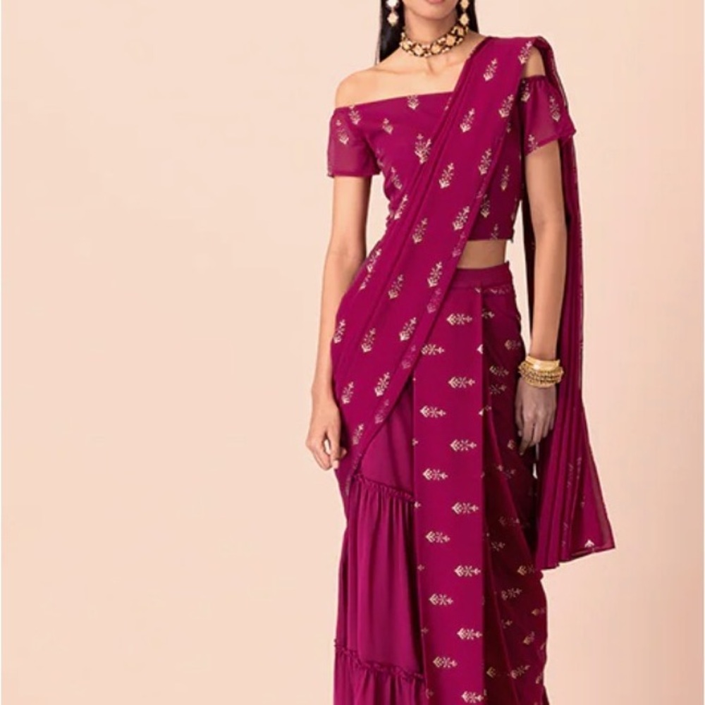 House of Indya Maroon and Gold Pre-Stitched Sari Skirt
